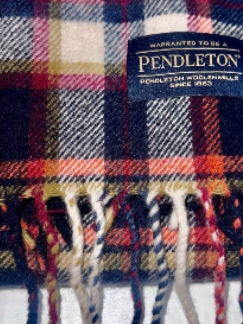 Pendleton Whisperwool Wool Plaid Muffler Scarf Navy Cream Orange Fringe